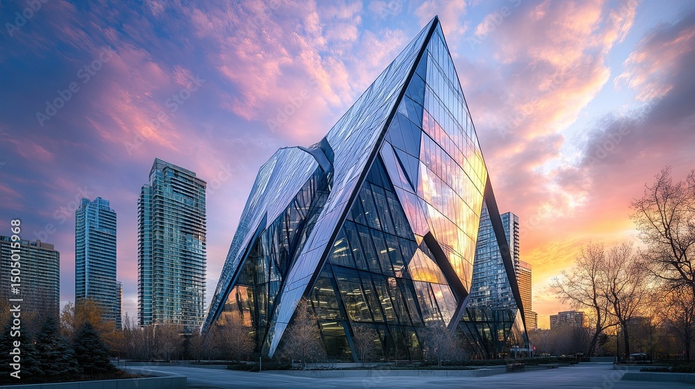 Obraz premium A modern architectural marvel featuring a unique glass pyramid design under a colorful sky scape