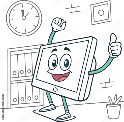 happy cartoon tablet character giving thumbs up in office workspace setting