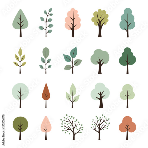 Tree top view, leaf icon set, plant illustration set for architectural design. Tree top view vector collection features diverse tree and leaf sketches for landscape planning, botanical art