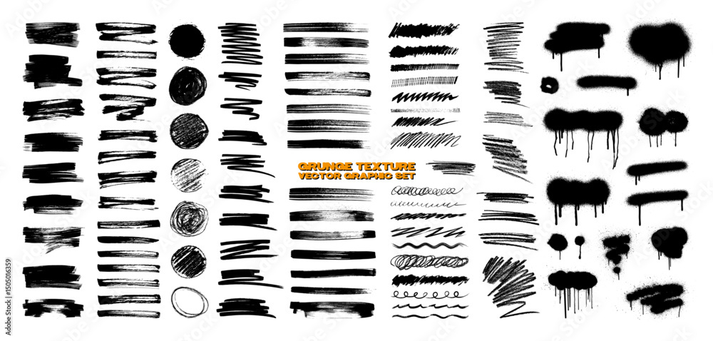 Full pack grunge textures of different types - spray graffiti, stencil lines, brush strokes, ink splashes, paint splatter. Grunge textures, great elaboration, high detail. Isolated vector graphic box