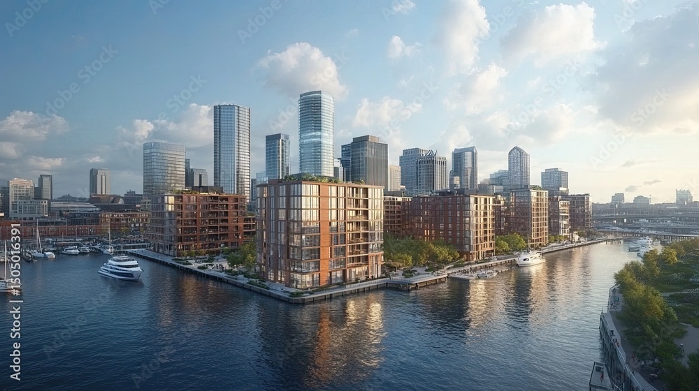 Aerial view of city skyline with modern apartment buildings and boats on the water during daytime Aerial view of city skyline with modern apartment buildings and boats on the water during daytime