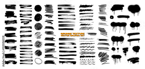 Full pack grunge textures of different types - spray graffiti, stencil lines, brush strokes, ink splashes, paint splatter. Grunge textures, great elaboration, high detail. Isolated vector graphic box