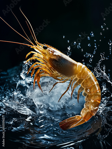 A vibrant shrimp splashes in water, showcasing its elegance and beauty in a captivating underwater moment.