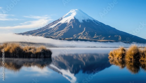 Majestic mountain reflecting in tranquil lake