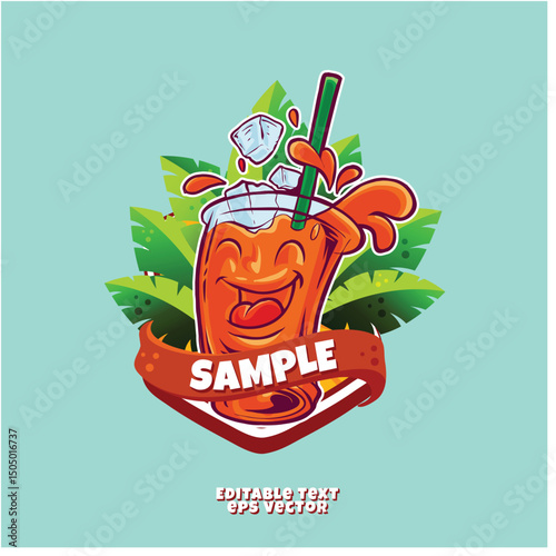 Cheerful Cartoon Beverage Logo with Smiling Face, Straw, and Ice Cubes