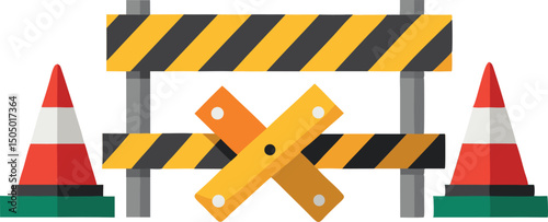Road Construction Safety Barriers and Traffic Cones Illustration - Roadwork Safety Equipment, Traffic Control Devices, Construction Zone Warning Signs, Road Maintenance Safety Measures, Traffic Manage