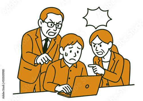 怒られる部下と叱責する上司たち（職場のトラブル）