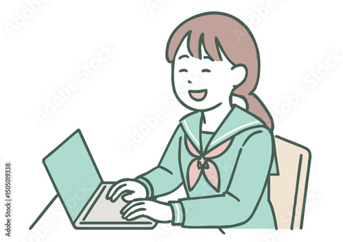 ノートパソコンを使う女子高校生のイラスト