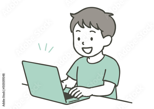 ノートパソコンを使う男の子のイラスト