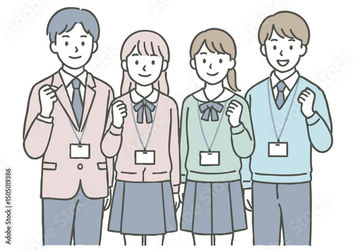 若い男女グループが名札をつけて集合ポーズを取るイラスト（新入社員・インターン・学生）