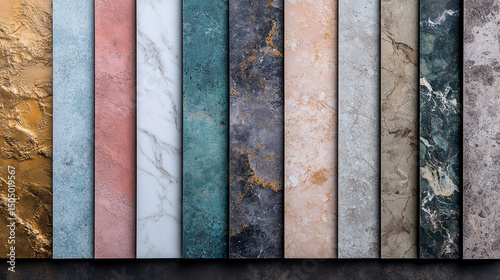 Assorted marble and textured panels in a row displaying various colors and patterns in vertical strips