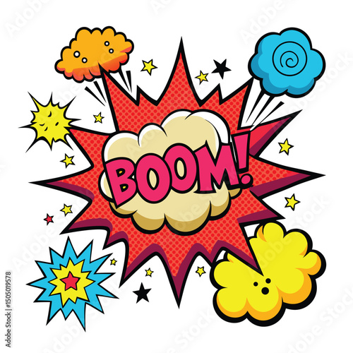 Cartoon comic sign burst clouds. Speech bubble, boom sign expression and pop art text frames. Comics mem expressions speech, superhero book bubbles label. Isolated vector symbols set 