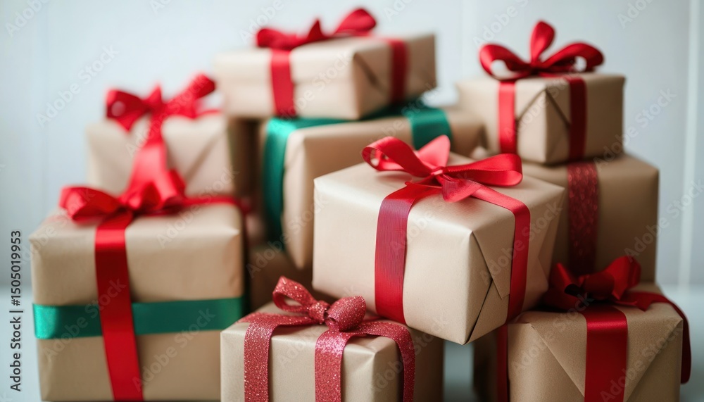 Fototapeta premium A stack of neatly wrapped gift boxes with festive ribbons and bows.