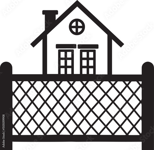 black and white flat Icon showing a house behind a wire fence icon black vector illustration