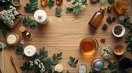 Overhead shot of natural ingredients and oils on a wooden surface for skincare products and aromatherapy