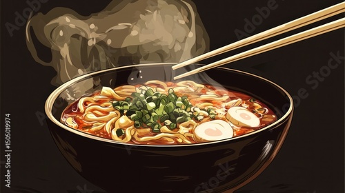 A steaming bowl of ramen with chopsticks, showcasing rich broth and fresh ingredients.