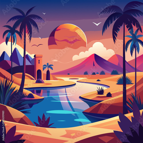 Vibrant Desert Oasis at Sunset. Palm Trees. River. and Mountains