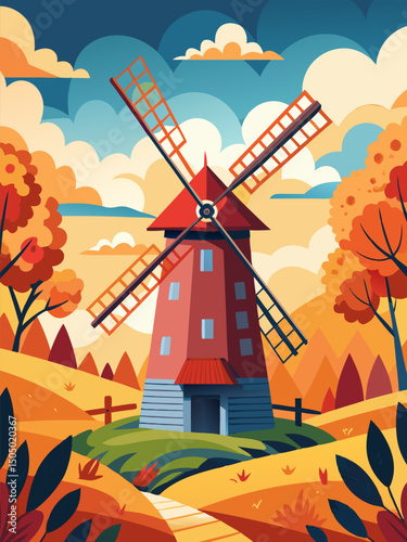 Autumn Landscape with Windmill. A picturesque view of a classic windmill in a stunning fall setting