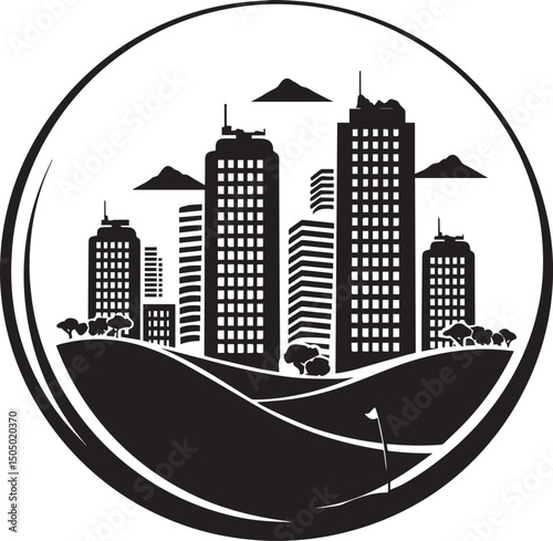 a simple minimal logo of a golf course with corporate buildings in the background, vector, cutout, black and white, white background icon black vector illustration