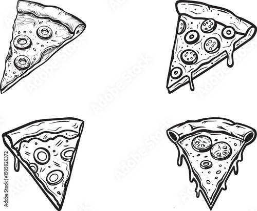 coloring page of simple illustration of a delicious slice of pizza with peperoni isolated on white. Color scheme: black and white with black outline icon black vector illustration