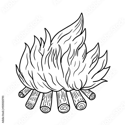 Bonfire drawn vector doodle illustration. Camping element. Sketch style bonfire. Hand drawn campfire vector Illustration