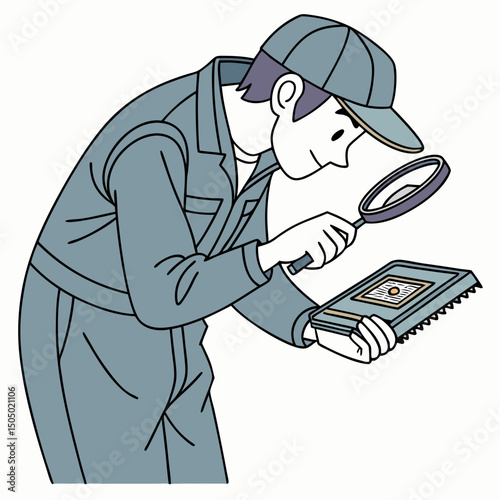 Vector illustration of technician inspecting chip with magnifier, isolated on white background