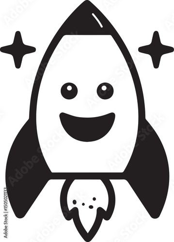 a simple and flat symmetrical logo of a happy moon rocket in black vector illustration