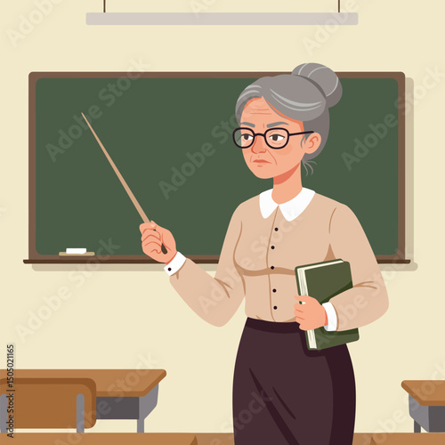 Teacher with Pointer in Classroom Lecturing Near Blackboard Illustration