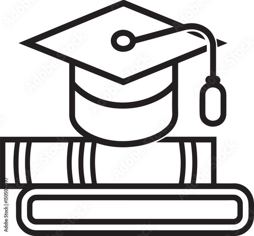 A book and a PhD hat, lineal line icon, black outline, white background, white icon black vector illustration