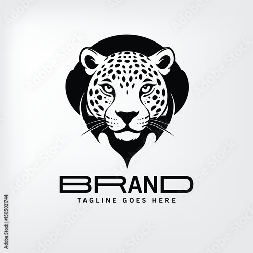 Leopard head logo design featuring a bold, stylized portrait of a leopard head in black and white on a light background.