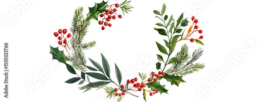 Beautifully arranged circular botanical wreath featuring festive spruce, leaves, and berries, ideal for holiday decor.