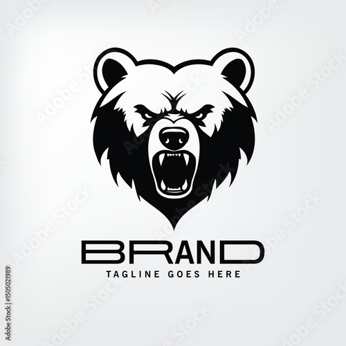 Angry bear head logo design in a bold, graphic style. Powerful animal portrait for a brand identity.