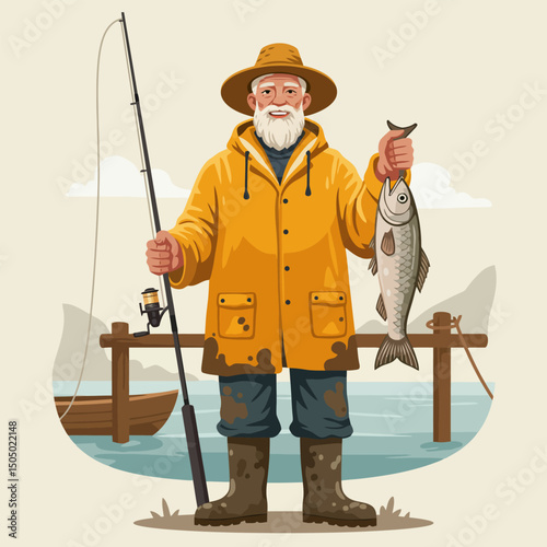 Fisherman Holding Fish Illustration with Fishing Rod and Water Scenery