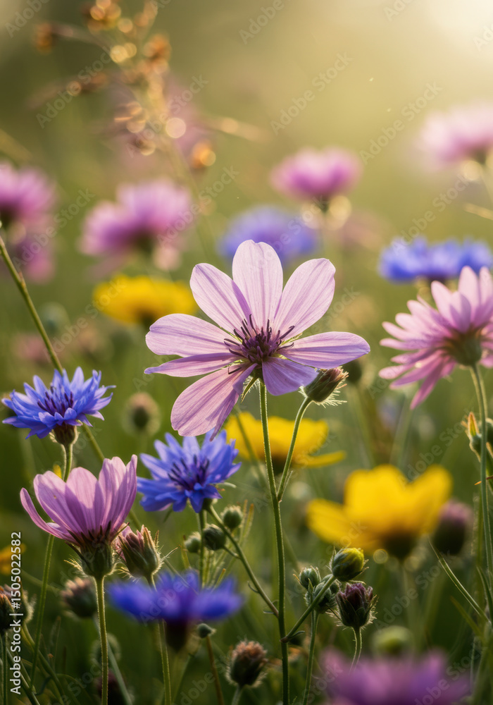 Fototapeta premium Vibrant wildflowers in full bloom, bathed in warm sunlight, create a serene natural scene.
