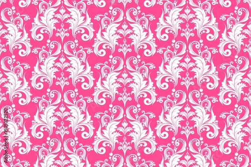Seamless pattern with ping white floral ornament in baroque style for wallpaper, background, textile, card, fabric, wrapping paper, decoration, print, packaging, etc. Ornate damask flower ornament.