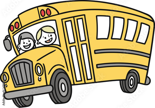 yellow school bus with happy kids riding cartoon illustration for education concept