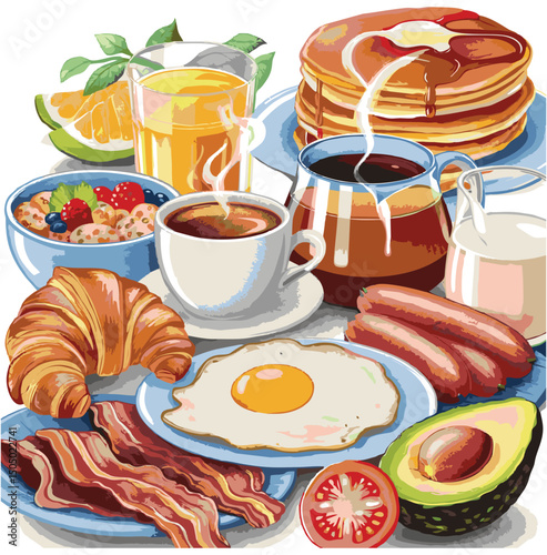 A colorful and vibrant assortment of delicious food items including fast food, traditional meals, desserts, snacks, and refreshing drinks. Perfect for restaurant menus, food blogs, culinary websites, 