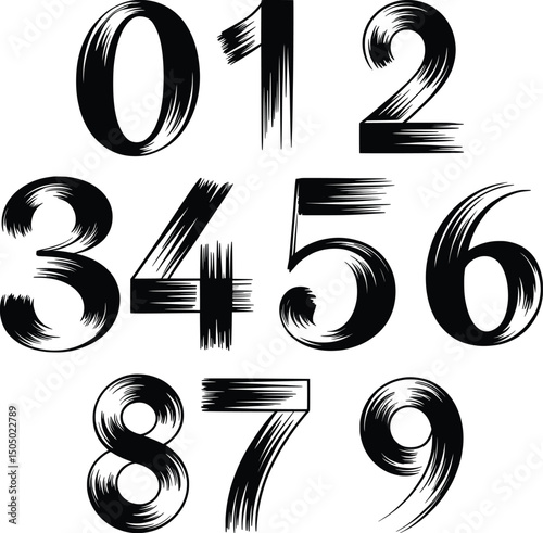 Brush Stroke Numbers Vector illustration, Artistic Black Ink Numerals 0-9 Vector Set.