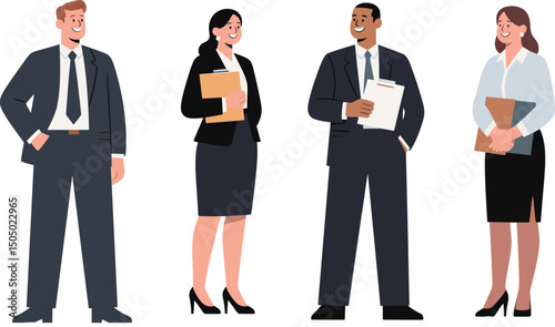 Diverse professional business team standing together, confident corporate colleagues in formal attire, holding documents and folders, office staff teamwork, modern workplace, business success concept