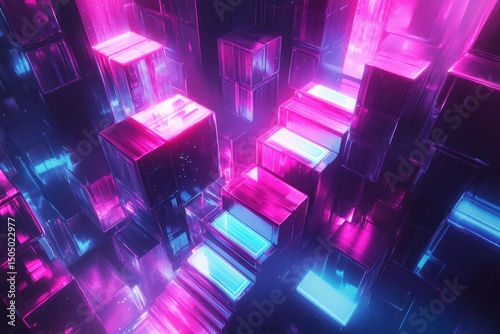 An abstract, cyberpunk-inspired composition of glowing cubes forming a floating neon staircase in a dark void, radiating intense electric colors.