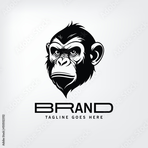 Chimpanzee head logo design with brand name and tagline space. Modern, bold graphic of animal head in black and white on a light background.