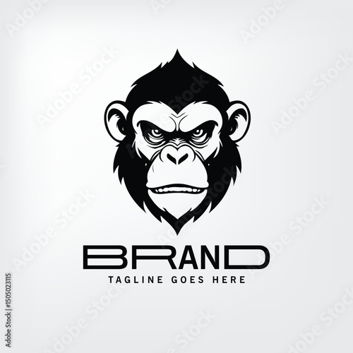 Chimpanzee head logo design featuring a bold, aggressive expression, with a simple, clean background. Modern logo design for a company or brand using a bold, intense chimpanzee head as the symbol.
