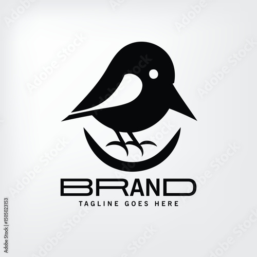 Black and white stylized bird logo design for a brand. Simple, modern logo of a bird perched on a crescent moon shape, a minimalist design for a company or business.