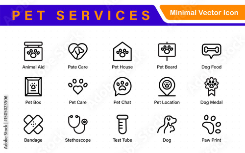 Pet Services and Animal Care Icon Set – Minimal Line Vector Illustrations for Pet Sitting, Grooming, Veterinary, Training, and Animal Health Projects