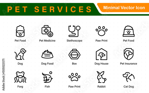 Pet Services and Animal Care Icon Set – Minimal Line Vector Illustrations for Pet Sitting, Grooming, Veterinary, Training, and Animal Health Projects