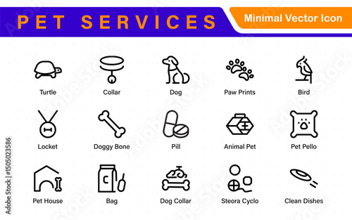 Pet Services and Animal Care Icon Set – Minimal Line Vector Illustrations for Pet Sitting, Grooming, Veterinary, Training, and Animal Health Projects