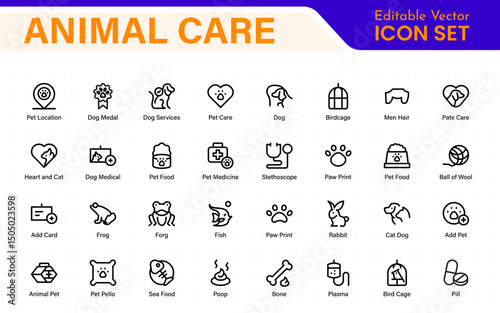 Pet Services and Animal Care Icon Set – Minimal Line Vector Illustrations for Pet Sitting, Grooming, Veterinary, Training, and Animal Health Projects