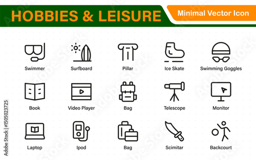Creative Hobbies and Leisure Icons – Clean Outline, Line Art, Vector Illustrations for DIY Crafts, Outdoor Fun, Entertainment, and Recreation Projects
