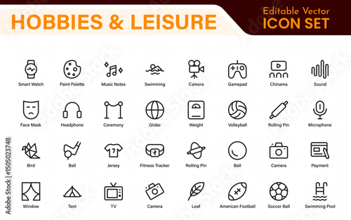 Creative Hobbies and Leisure Icons – Clean Outline, Line Art, Vector Illustrations for DIY Crafts, Outdoor Fun, Entertainment, and Recreation Projects