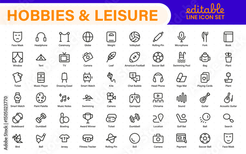 Creative Hobbies and Leisure Icons – Clean Outline, Line Art, Vector Illustrations for DIY Crafts, Outdoor Fun, Entertainment, and Recreation Projects